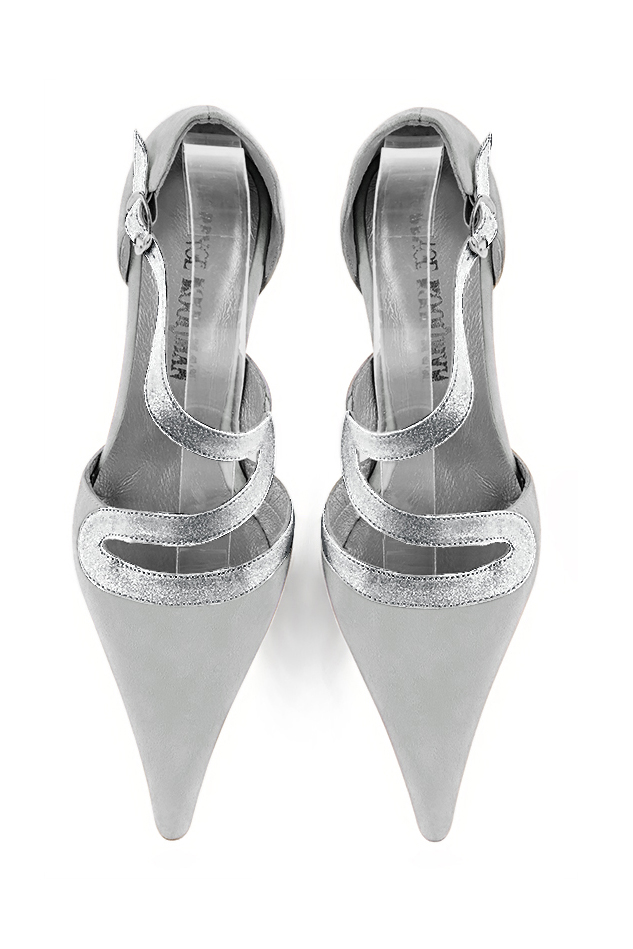 Women's pearl grey and silver open side dress shoes, with snake-shaped straps. Pointed toe. High slim heel - Top view